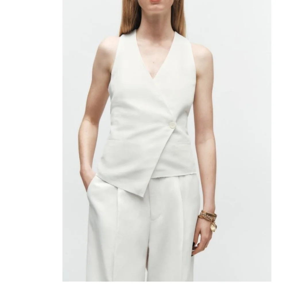 Zara Zw Collection Elegant Oyster White Straight-Leg Linen Blend Trousers